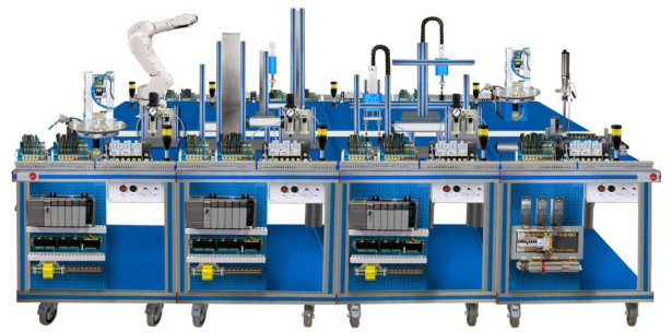 FLEXIBLE MANUFACTURING SYSTEM FOR TRANSPORT, ASSEMBLY, PRESSING, SELECTION, SCREWING, AND STORAGE - AE-PLC-FMS1