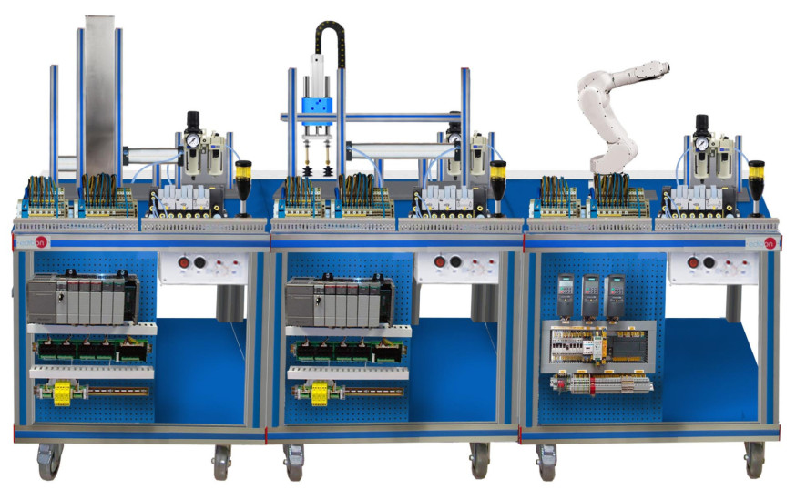 FLEXIBLE MANUFACTURING SYSTEM FOR FEEDING, ASSEMBLY, ROBOTIC HANDLING, AND TRANSPORT - AE-PLC-FMS15