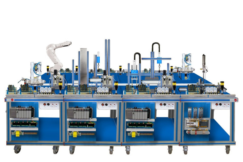 FLEXIBLE MANUFACTURING SYSTEM FOR TRANSPORT, ASSEMBLY, PRESSING, SELECTION, SCREWING, AND STORAGE - AE-PLC-FMS1