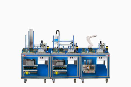 FLEXIBLE MANUFACTURING SYSTEM FOR FEEDING, ASSEMBLY, ROBOTIC HANDLING, AND TRANSPORT - AE-PLC-FMS15